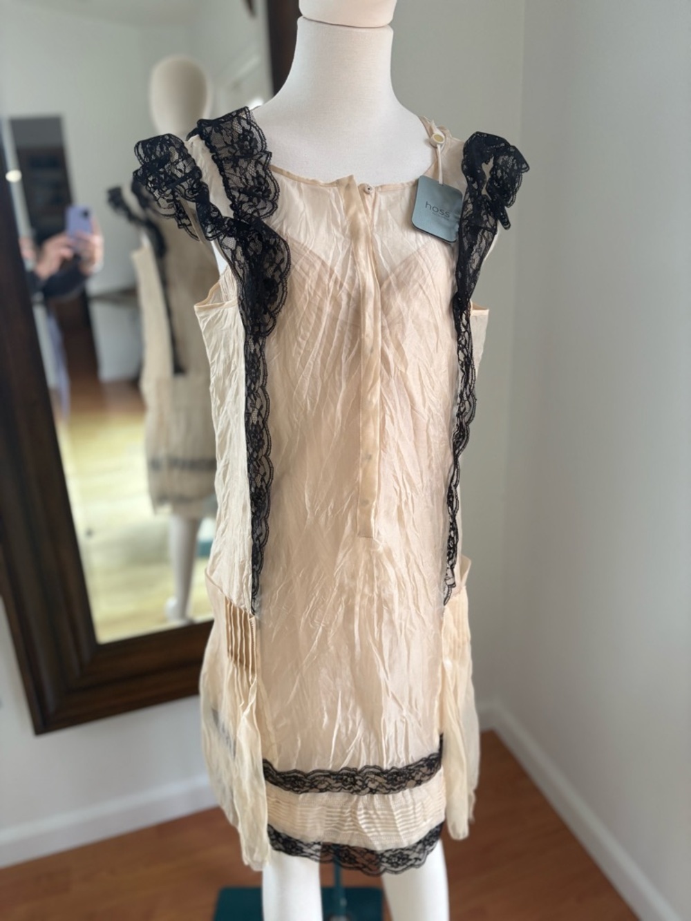 Hoss Intropia Cream Silk Dress with Black Lace Trim